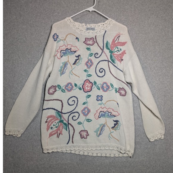 Gina Peters Sweaters - Gina Peters Vintage 90s Sweater Large Floral Embroidered Cottagecore Grannycore